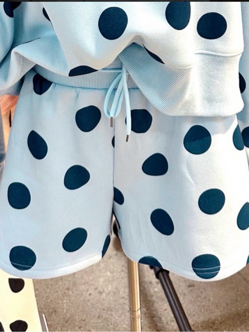 Poppy & Pine Light Blue with Navy Blue Polka Dot Sweatshirt & Shorts Set - Picture 2 of 7